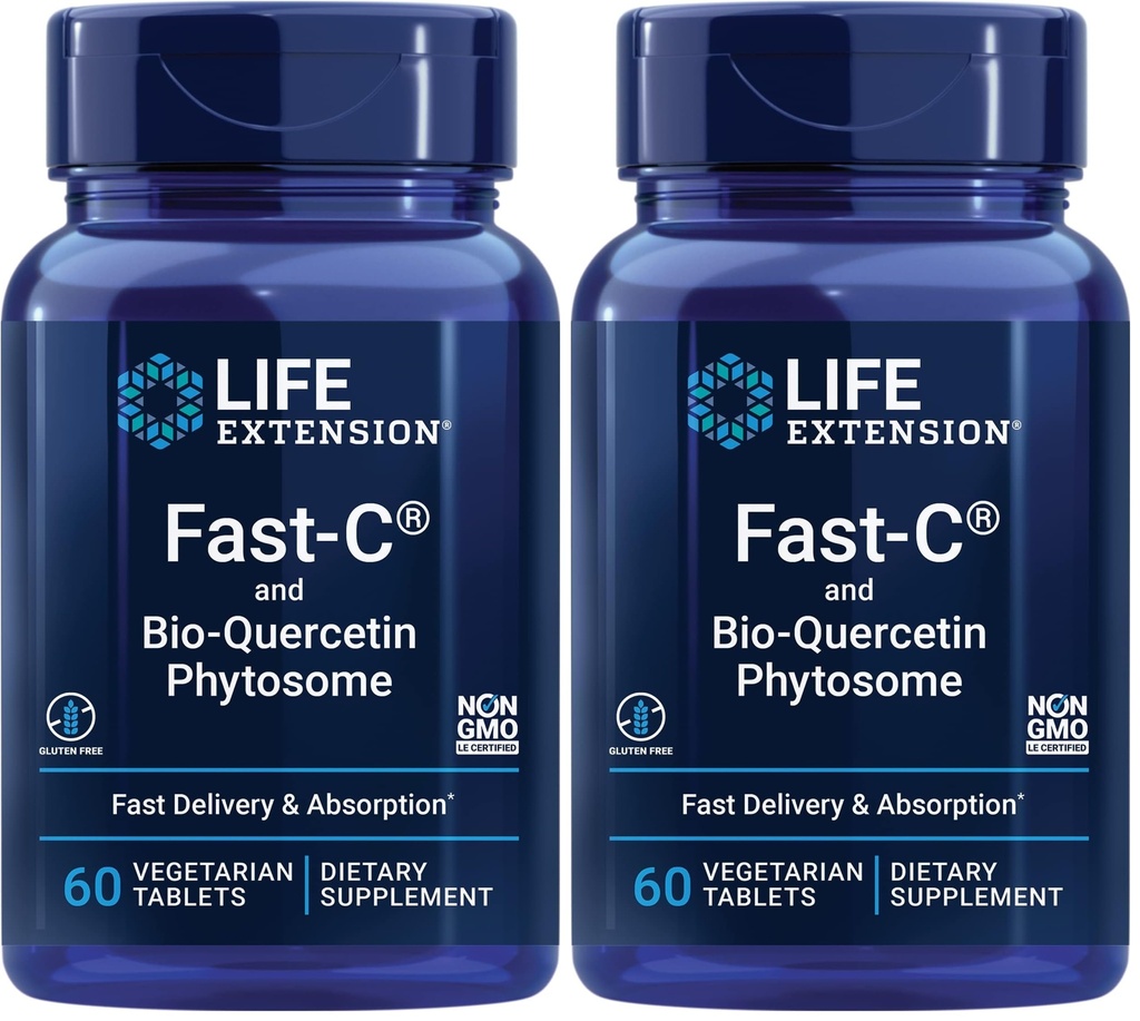 Life Extension Fast- C & Bio- Quercetin Phytosome - Hurtig levering & Absorption Vitamin C supplement til Optimum immunforsvar - Gluten- Free, Non- GMO, Vegetar - 60 tabletter (pakke med 2)