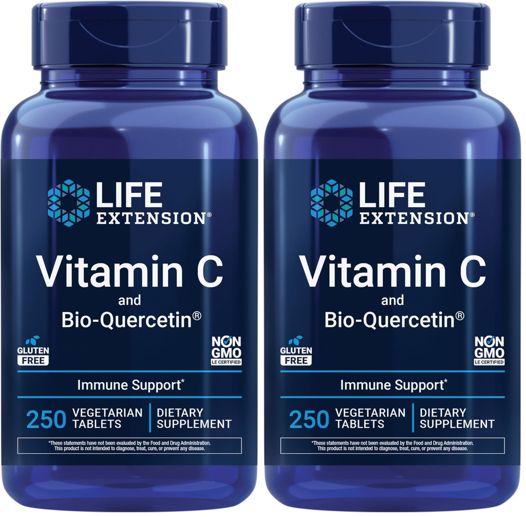 Life Extension Vitamin C og Bio- Quercetin ®, Kardiovaskulær Health Supplement, Immunstøtte, Meget absorberbar, quercetin, Vitamin C, Gluten Free, Non- GMO, Vegetar, 250 tabletter, (pakke med 2)