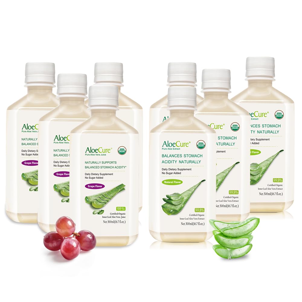 AloeCure Organic Aloe Vera Juice - 8 flaske prøve pack - Grape og naturlige smag, 8x500ml