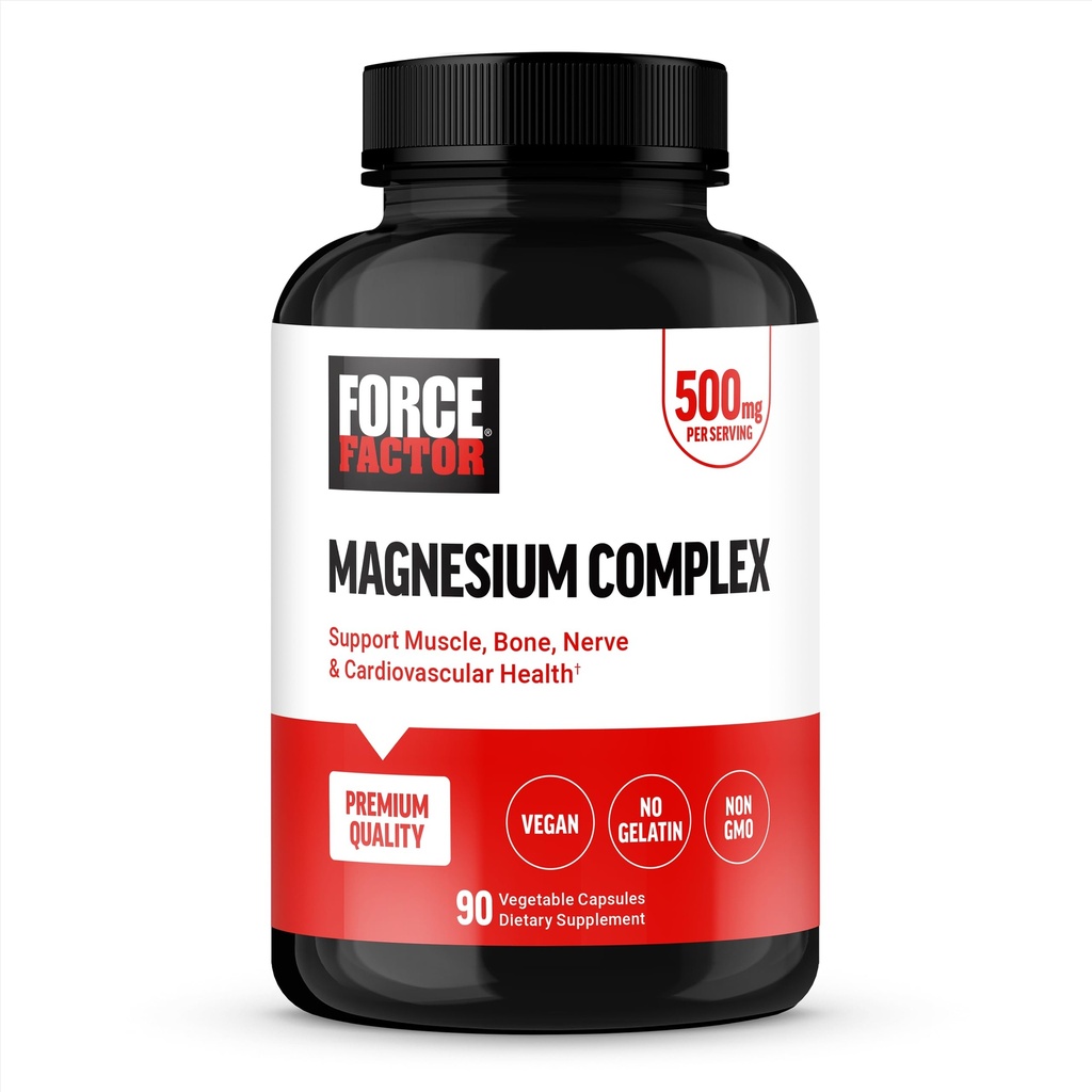 Kraftfaktor Magnesium Complex supplement til understøttende muskler, knogler, nerver, og cardiovaskulær sundhed, Magnesium glycinat, Magnesium citrat, og Magnesium oxide, Vegan, Non- GMO, 90 kapsler
