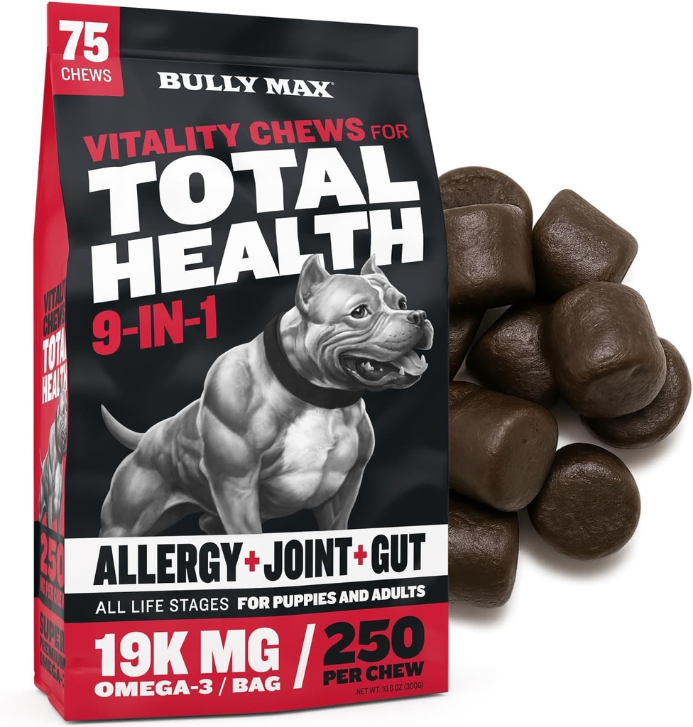 Bully Max Hund Chews & Multivitamin Treats for Puppy & Voksen Hunde - 75 Soft Chews, Hundetillæg & Vitaminer for alle racer - Hud, Coat, Brain, Heart, fordøjelsessygdomme, Immunitet, fælles støtte