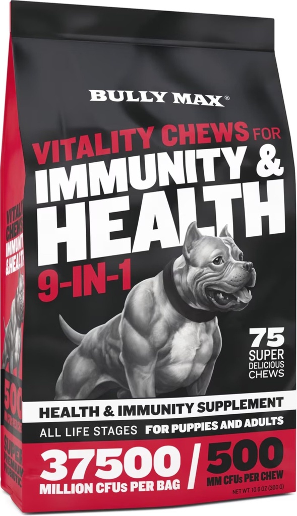 Bully Max Hund Chews & Multivitamin Treats for Puppy & Voksen Hunde - 75 Soft Chews, Hundetillæg & Vitaminer for alle racer - Hud, Coat, Brain, Heart, fordøjelsessygdomme, Immunitet, fælles støtte
