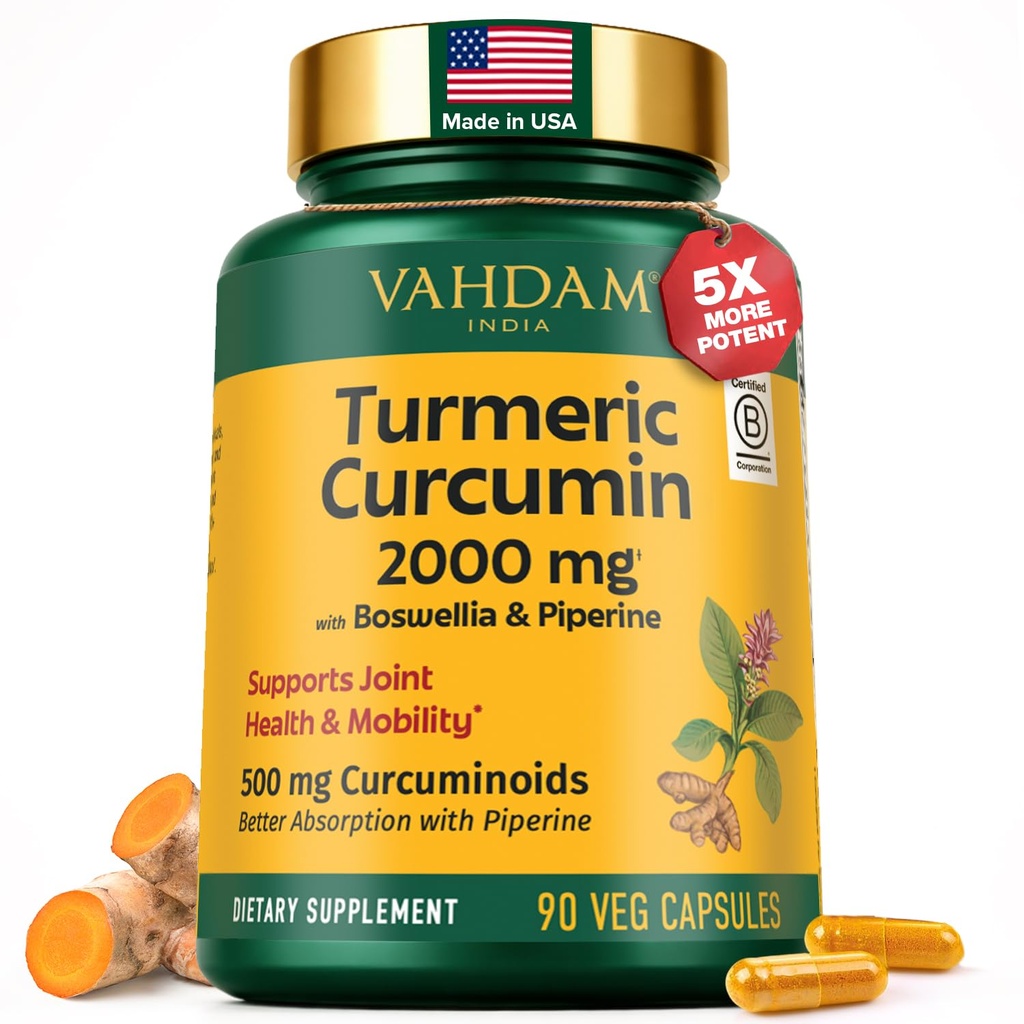 VAHDAM, Turmeric Curcumin Supplement 2000mg (500mg Curcuminoids) with Boswellia & Piperine for Fast Absorption | Supports Joint Health and Mobility | 90 Capsules