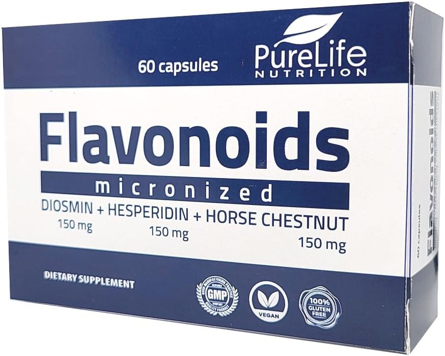 Flavonoids 60 dage Support Sund cirkulation, Veiner, Capillari og Lymplost Drainage- MPFF- Mikroniseret Diosmin 150mg + Hesperidin 150mg + Horse Chestnut150 mg- GMP Certificate, vegan