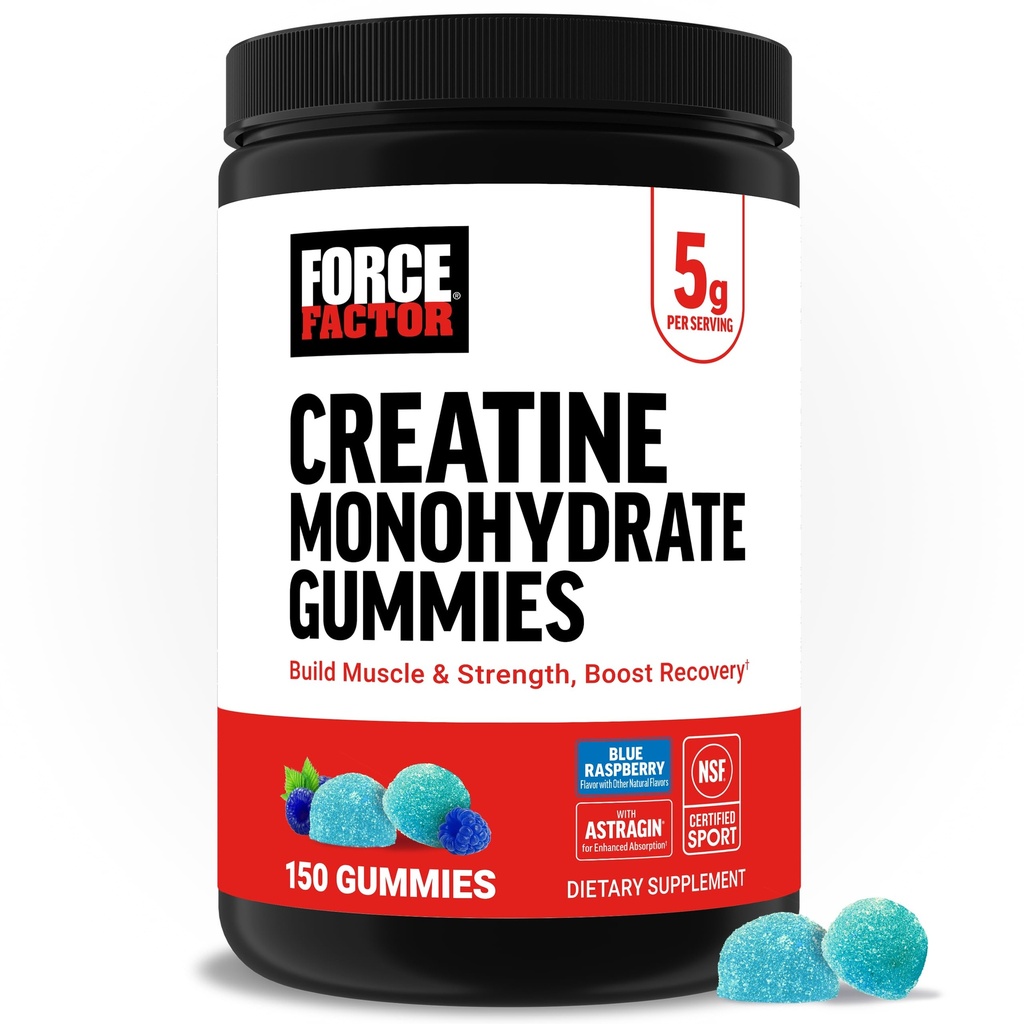 Force Factor Creatinine Monohydrat Gummies, NSF Certified, 5g dosis til mænd og kvinder til at støtte muskel, styrke, inddrivelse, kognitiv sundhed & hukommelse, emballage kan Vary, Blå Hindbær, 150 Gummies