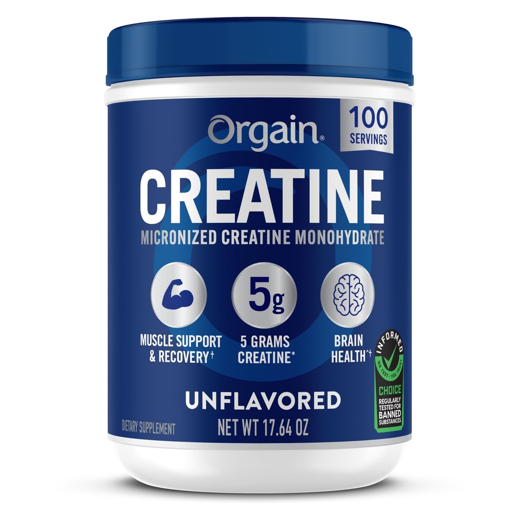 Orgain Creatin monohydrat Mikroniseret pulver, 100 Servering, Unflavored, Understøtter muskelvækst, Post Workout Inddrivelse og hjerne sundhed, ingen kunstige tilsætningsstoffer, for mænd og kvinder (Packaging May Vary)