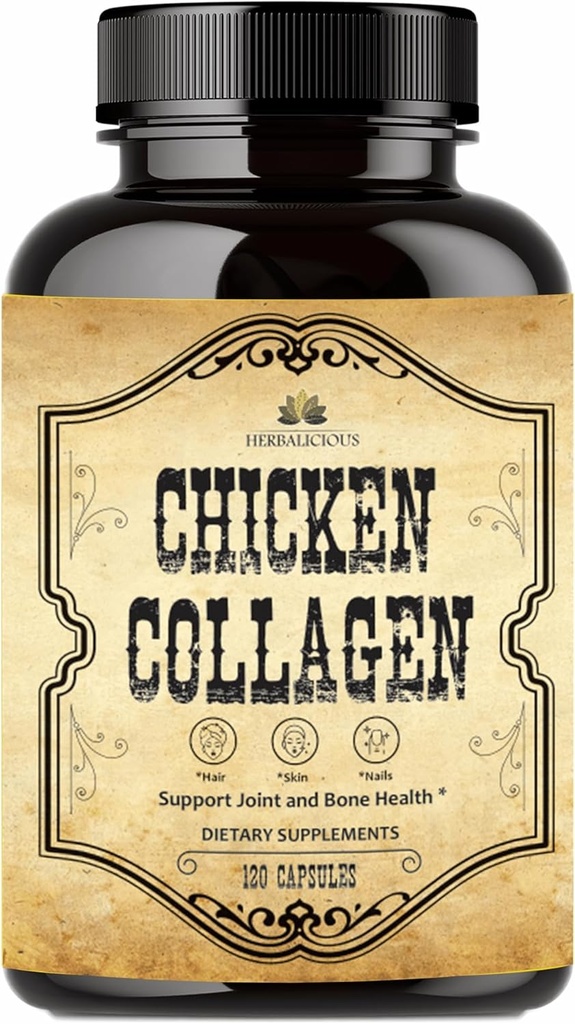 HERBALICIOUS kylling kollagen kapsler - kollagen supplement til fælles, hud & ben støtte - hydrolyseret kollagen peptider fra kylling bone bouillon - non-GMO, anti-aging - 120 kapsler
