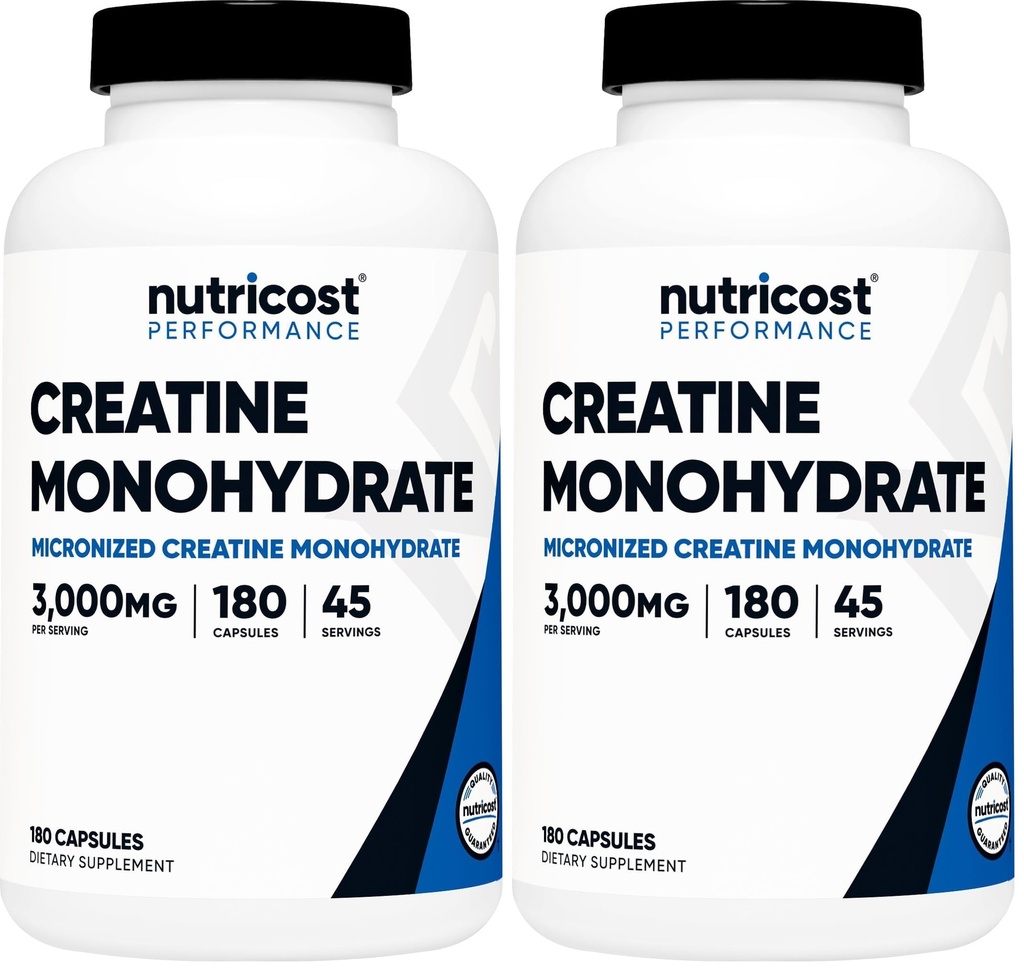 Nutricost Creatine Monohydrate 3,000mg, 180 Capsules (750mg Per Capsule) - Gluten Free, Non-GMO (Pack of 2)