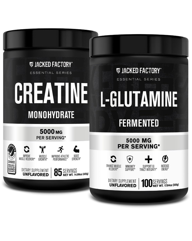 Jacked Factory Creatine Monohydrate Powder 425g, 85 SV & L-Glutamine Supplement 500g, 100 SV - No Artficial Fillers, Unflavored