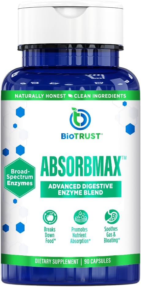 BioTrust AbsorbMax Broad Spectrum fordøjelsesbesvær Enzyme Blend, Gluten Free, Non GMO, fordøjelsesstøtte til ernæring fordøjelse, Absorption og periodisk fordøjelsesbesvær og bloating