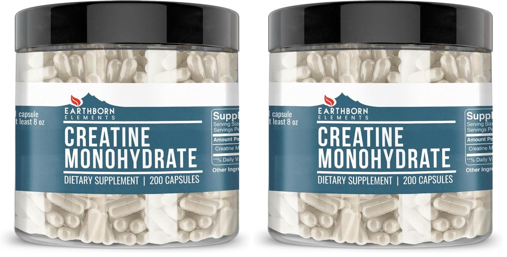 Earthborn Elements Creatine Monohydrate 200 Capsules, Pure & Undiluted, No Additives (Pack of 2)