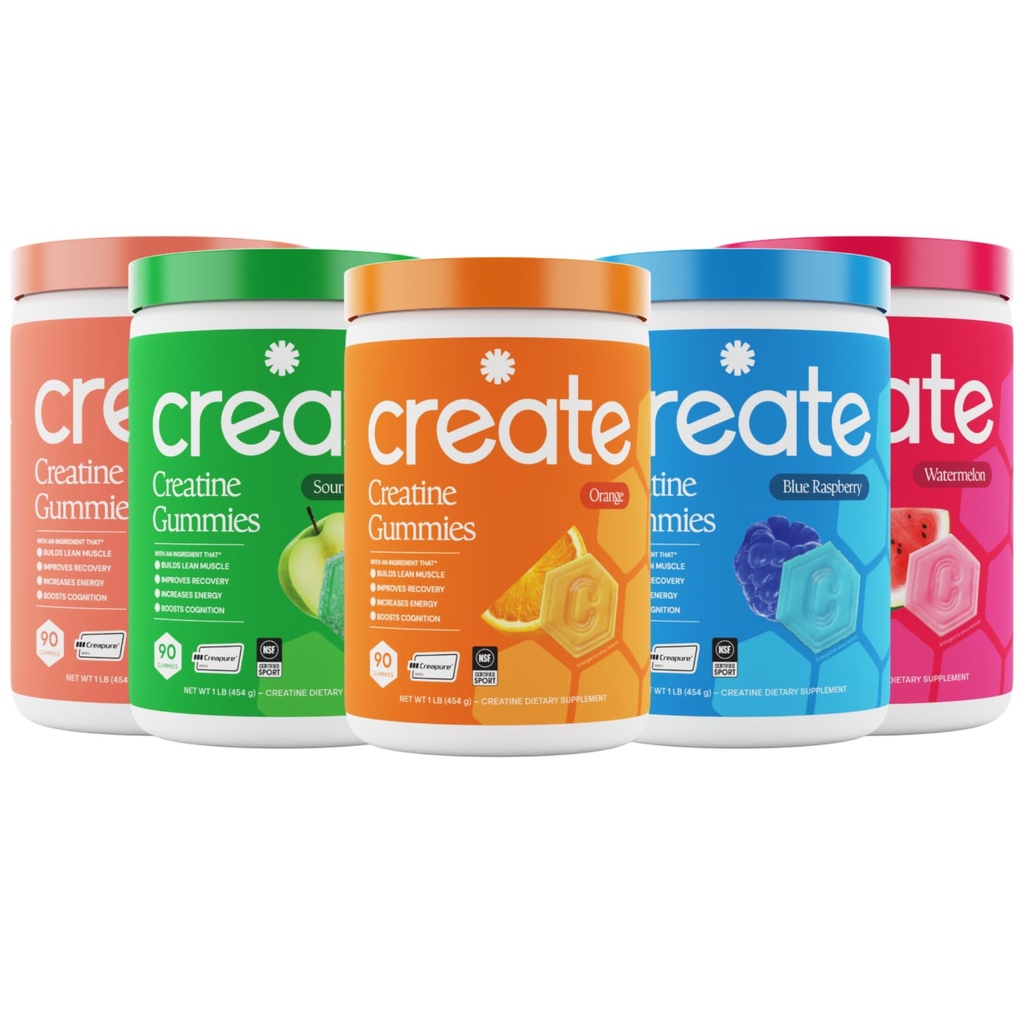 Opret Creatinine Monohydrate Gummies - High Five Bundle - Sour Peach, Sour Apple, Watermelon, Blue Raspberry & Orange - Creatinine Gummies for Women & Men, NSF Certified, 3. part testet, (5-Pack)