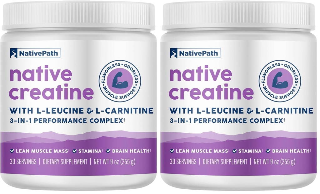 NativePath Creatinine monohydrat pulver med L- Leucin & L- Carnitin - muskeltræning supplement til mænd og kvinder - 30 Servering (pakke med 2)