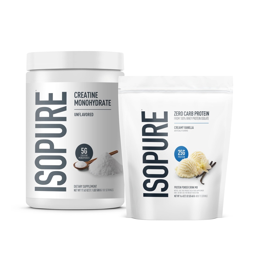 Isopure Bundle af Zero Carb 100% Pure Whey Isolate Protein Powder, Creamy Vanilla, 25g Protein Per Servering, 1 Lb, 14 Servere + Isopure 100% Pure Creatin Monohydrat Powder, 100 Servere