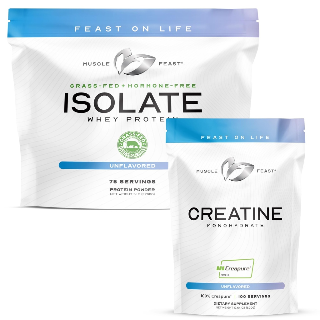 Muskel Feast Creapure Creatinine monohydrat - Unflavored 500g (x1) og Isolate Whey Protein Powder - Unflavored 5lb (x1) - Muscle Recovery and Performance Bundle