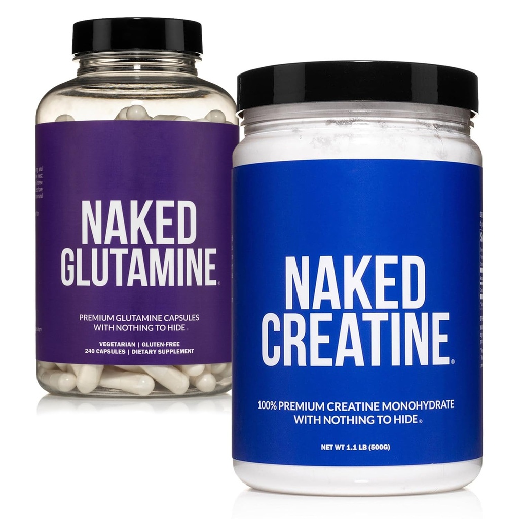 NAKED Pure Micronized Creatine Monohydrate 100 Servings + Pure L-Glutamine 240 Capsules Bundle: Vegan, Non-GMO, Gluten Free. Minimize Muscle Breakdown & Improve Protein Synthesis. Nothing Artificial