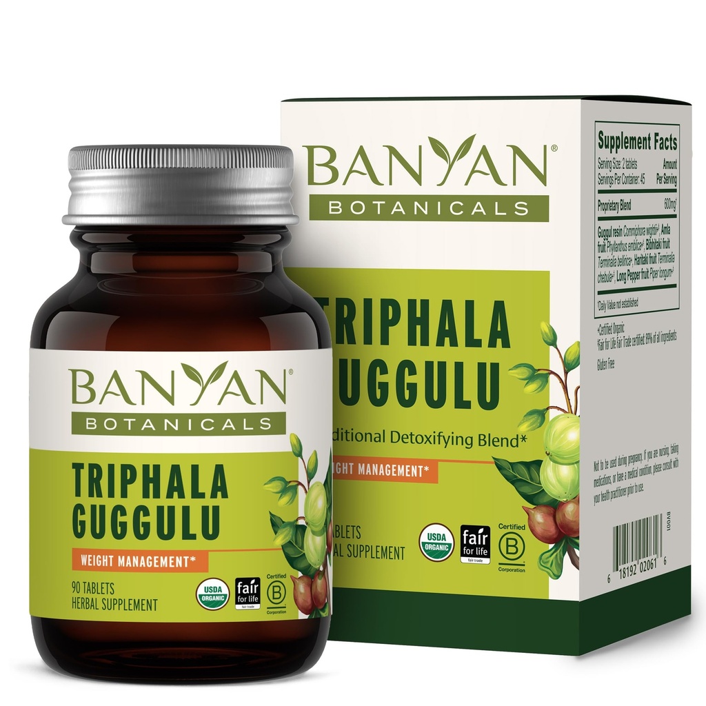 Banyan Botanicals Triphala Guggulu - Organic Triphala Supplement med Guggulu Resin - Herbal Detox supplement til støtte sund fordøjelse * - 90 tabletter - ikke-GMO bæredygtigt sourced Vegan