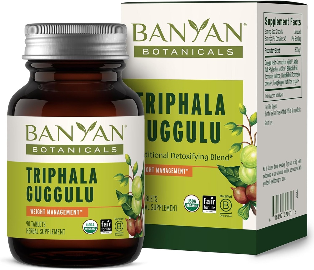 Banyan Botanicals Triphala Guggulu - Organic Triphala Supplement med Guggulu Resin - Herbal Detox supplement til støtte sund fordøjelse * - 90 tabletter - ikke-GMO bæredygtigt sourced Vegan