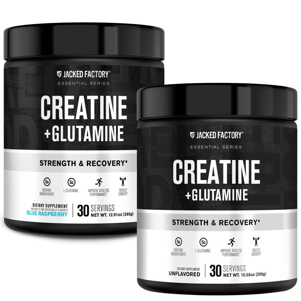 Jacked Factory Creatine + Glutamine - Creatine Supplement with L-Glutamine for Muscle Recovery, Muscle Growth, Increased Strength (30 Servings, Unflavored & 30 Servings, Blue Raspberry)