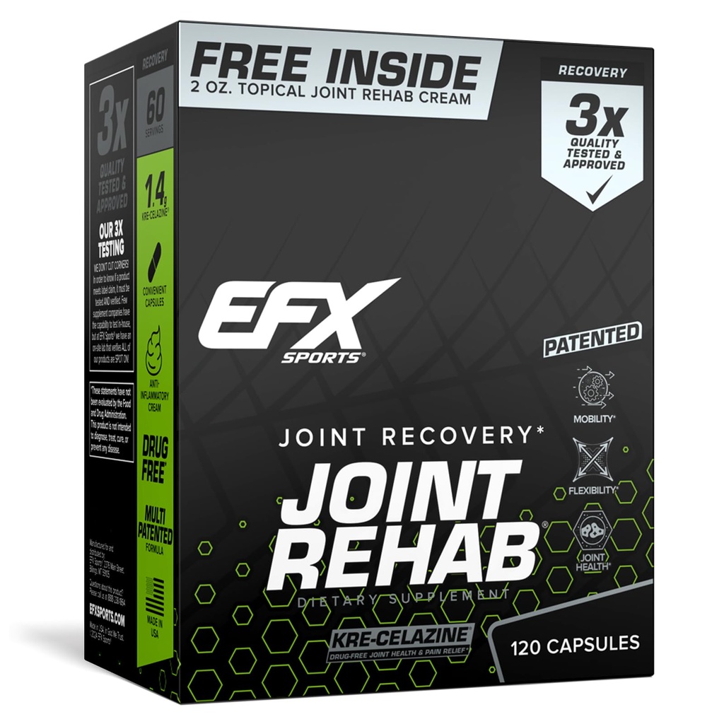 EFX Sports Joint Rehab Recovery Kit Name 124; Drevet af Kre- Celazine ® # 124; til Mobility & Joint Health} 124; 120 Kapsler Kre- Alkalyn Creatin + 2 oz Topical Cream