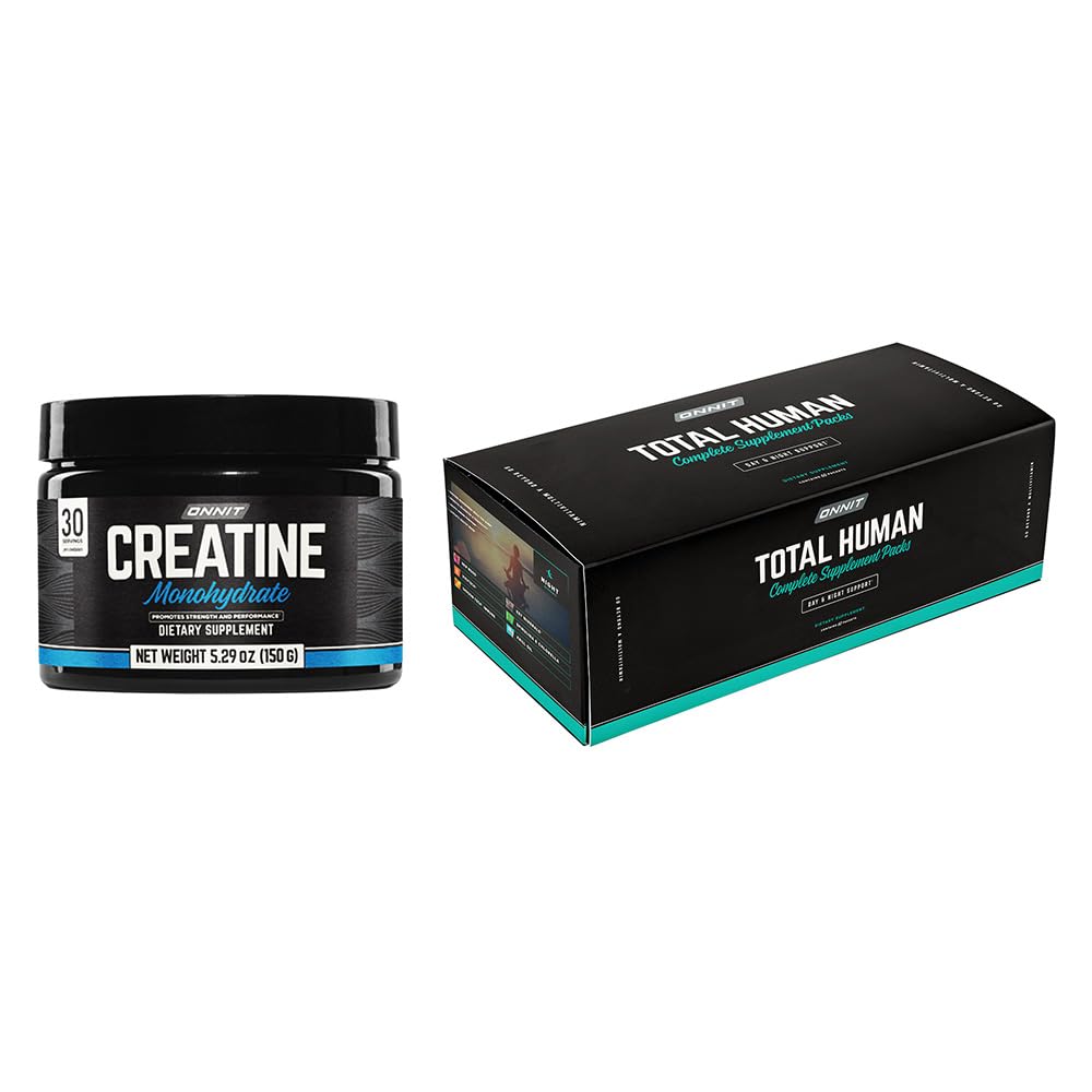 ONNIT Total Wellness & Performance Bundle: Total Human Multivitamin Packs (30- Day Supply) + Creatin Monohydrat Powder (30 Servere), IGEN Non- GMO Tested Energy, Focus & Strength, Pack of 2