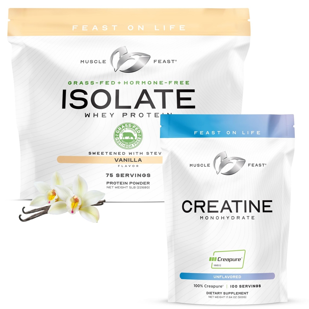 Muscle Feast Bundle – Creapure Creatine Monohydrate Powder Unflavored 500g (1 Unit) + Grass-Fed Whey Protein Isolate Vanilla 5lb (1 Unit), All Natural Hormone-Free Pasture Raised
