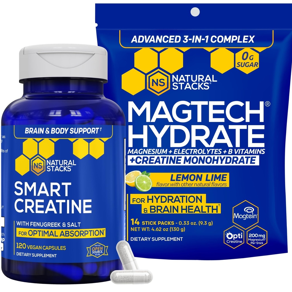 NATURAL STACKS Creatine Monohydrate & Magtech Hydrate + Creatine Bundle - 2500mg Creatine + 200mg Elemental Magnesium Per Serving - Supports Hydration, Brain Health & Endurance* - 44 Total Servings