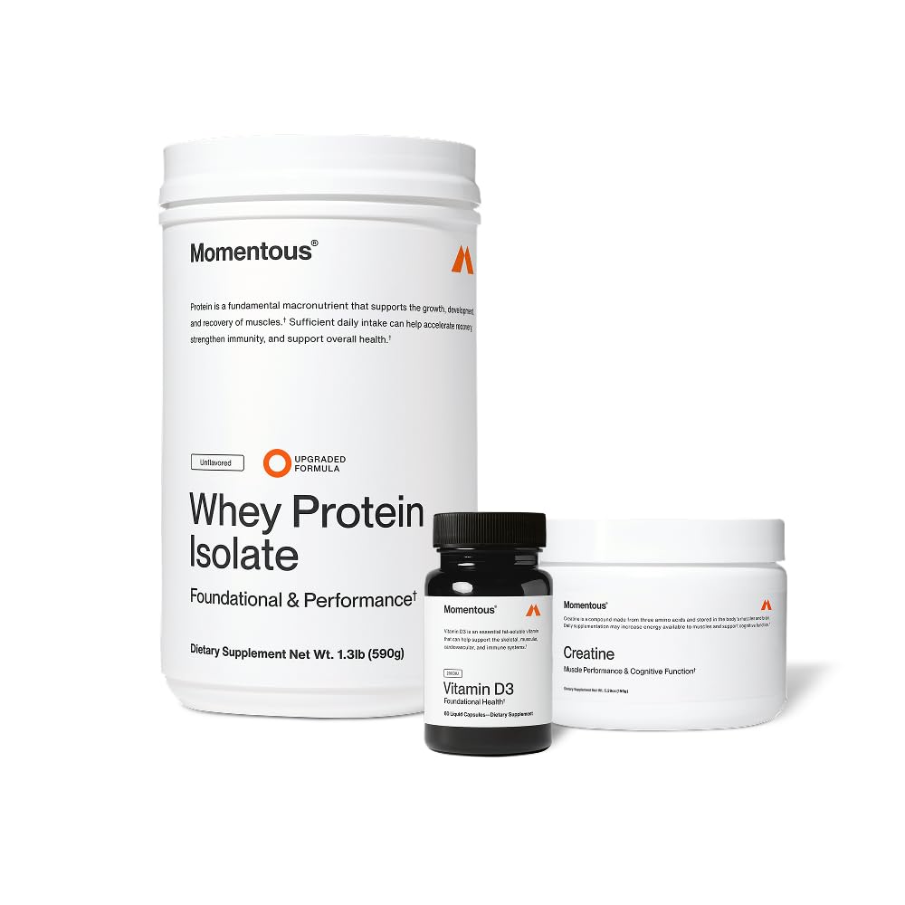 Momentous Arnold's Stack - Creatine Monohydrate Powder, Essential Grass-Fed Whey Protein Powder (Unflavored) & Vitamin D3 (2000 IU) - Daily Fundamentals to Support Muscle Strength & Longevity