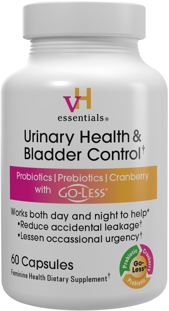 vH essentielle Urinary Health & Brege Control, Cranberry Extract, Prebiotika og Probiotika, 24-timers Feminin Health Support, Reducerer lejlighedsvis lækage, Understøtter vaginal sundhed, 60 Kapsler