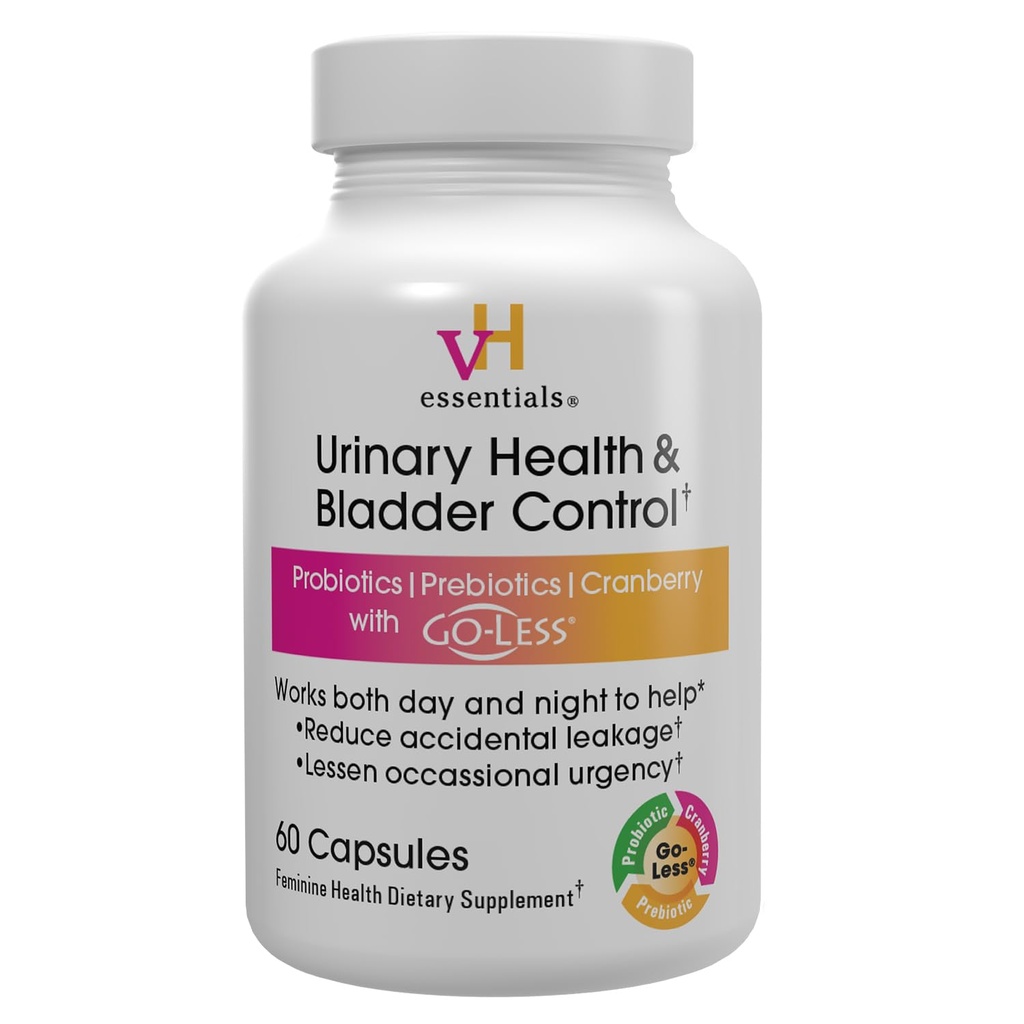 vH essentielle Urinary Health & Brege Control, Cranberry Extract, Prebiotika og Probiotika, 24-timers Feminin Health Support, Reducerer lejlighedsvis lækage, Understøtter vaginal sundhed, 60 Kapsler