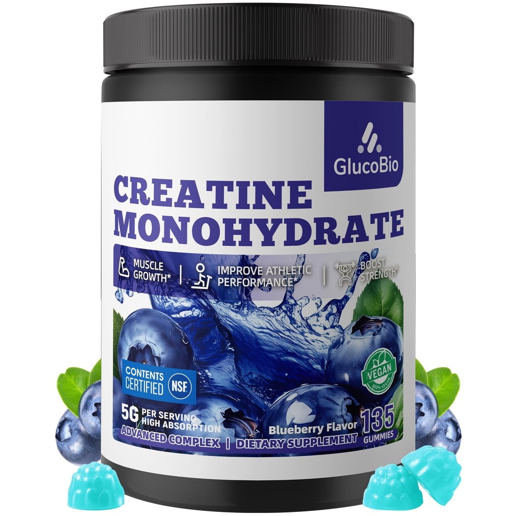 Creatine Monohydrate Gummies (5g) – Pre-Workout Energy & Muscle Growth Support for Men & Women | Blueberry Electrolyte Gummies (135 Count)
