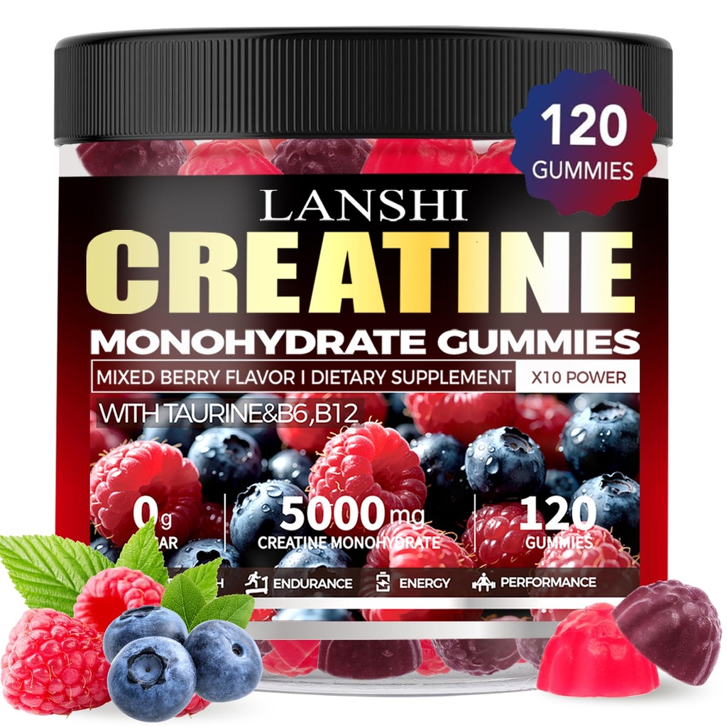 Creatine Monohydrate Gummies 5000mg - Sugar Free Pre Workout Supplement for Men & Women, Creatine Gummies for Muscle, Strength, Recovery, Cognitive Health & Memory, Mixed Berry Flavor, 120 Count