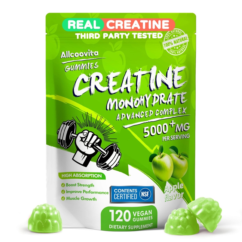 NSF Certified Creatine Gummy - Creatine Monohydrate Gummies 5000mg for Men & Women -120 Gummies Advanced Formula, Muscle Strength, Muscle Builder, Energy Boost, Pre-Workout Supplement-Apple