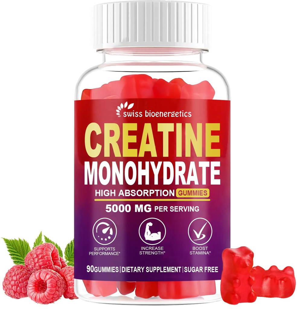 Creatine Monohydrate Gummies Infused with 5g Creatine for Men and Women, Chewable Creatine Monohydrate for Muscle Strength, Muscle Builder, Energy Boost, Pre-Workout Supplement- 90 Raspberry Gummies