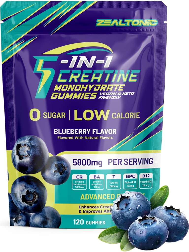 Creatine Monohydrate Gummies 5800mg with Betaine & Alpha GPC | 0 Sugar | Pre Workout Energy Booster for Men & Women | Muscle Growth & Boost Strength & Faster Recovery | (120, Blueberry)