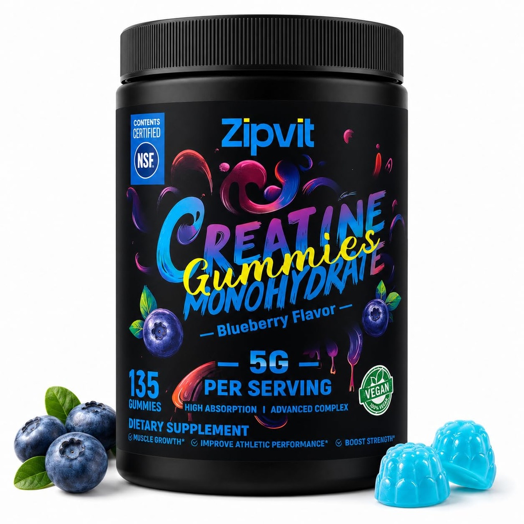 Creatine Monohydrate Gummies, NSF Certified Creatine Gummy, 5g Dose for Men & Women to Support Muscle, Strength, Recovery, Cognitive Health & Memory, Blueberry Flavor, 135 Gummies