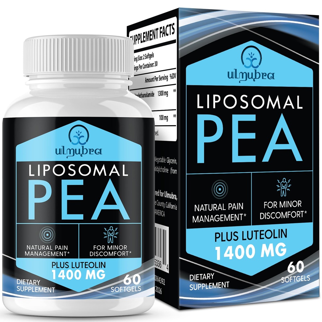 Liposomal Palmitoylethanolamid 1300 MG Plus Luteolin 100 MG, Superior Absorption, Mikroniseret Pea supplement til discomfort management, 60 Softgels