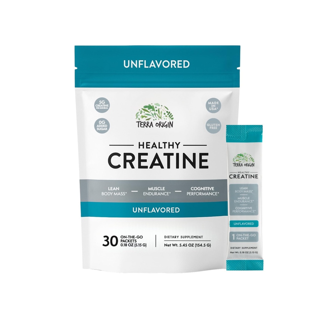 TERRA OPRINT Sund Creatin Mikroniseret monohydrat Pulver • 124; 30 Stick Packs • 124; Støtte til muskel og kognitiv ydeevne * • 124; Supplement til kvinder og mænd • 124; Uden smag, Gluten Free, Zero Sugar