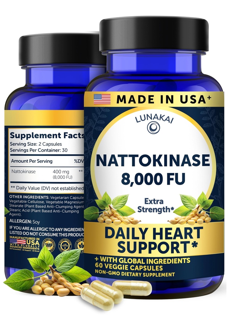 Lunakai USA Made Nattokinase Supplement – 400mg Natto Enzyme, 8000 FU per Serving – Heart & Circulation Support – Non-GMO, 60ct, 4000 FU Capsule
