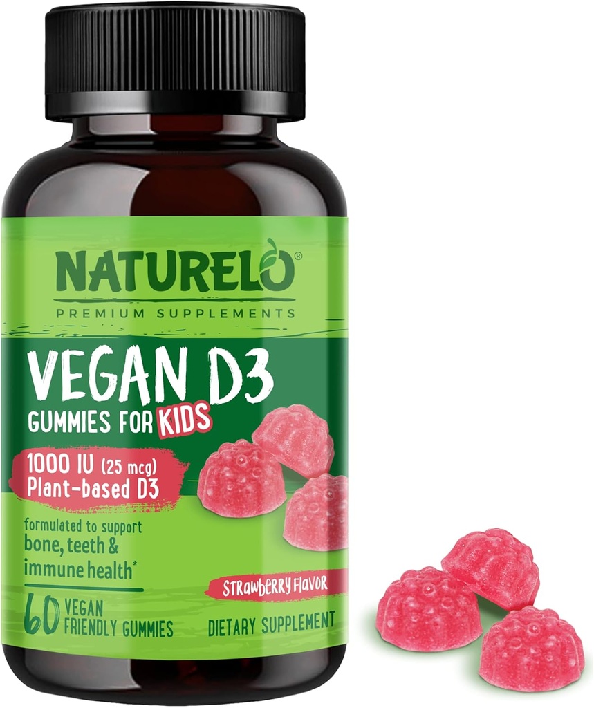 NATURELO Vegan D3 Gummies for Kids - 1000 IE D3 Vitamin - Plante-baserede hele kosttilskud til børn 4 og ældre - 60 Vegan- Friendly Gummies