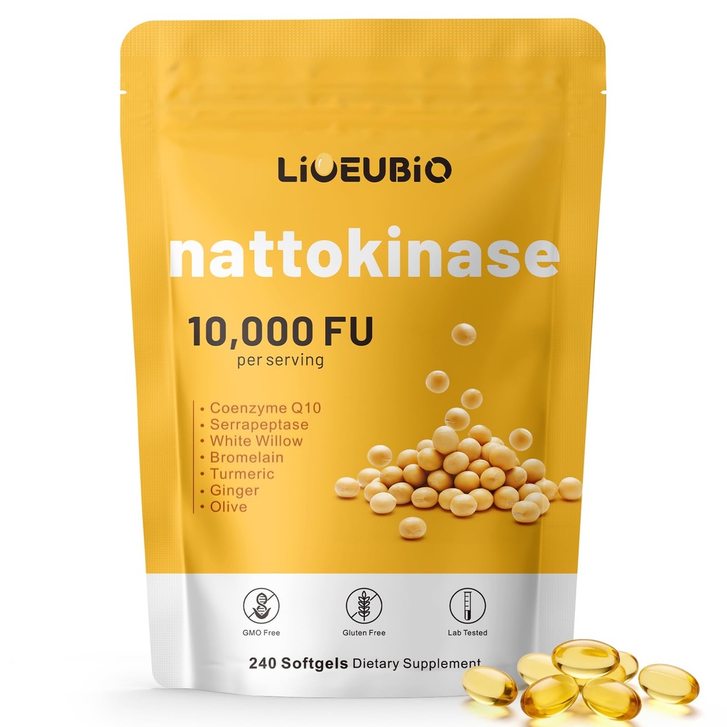 Nattokinase Supplement 10,000 FU, 9-in-1 Formula with Serrapeptase, Bromelain, CoQ10, Turmeric & White Willow Bark, 240 Softgels