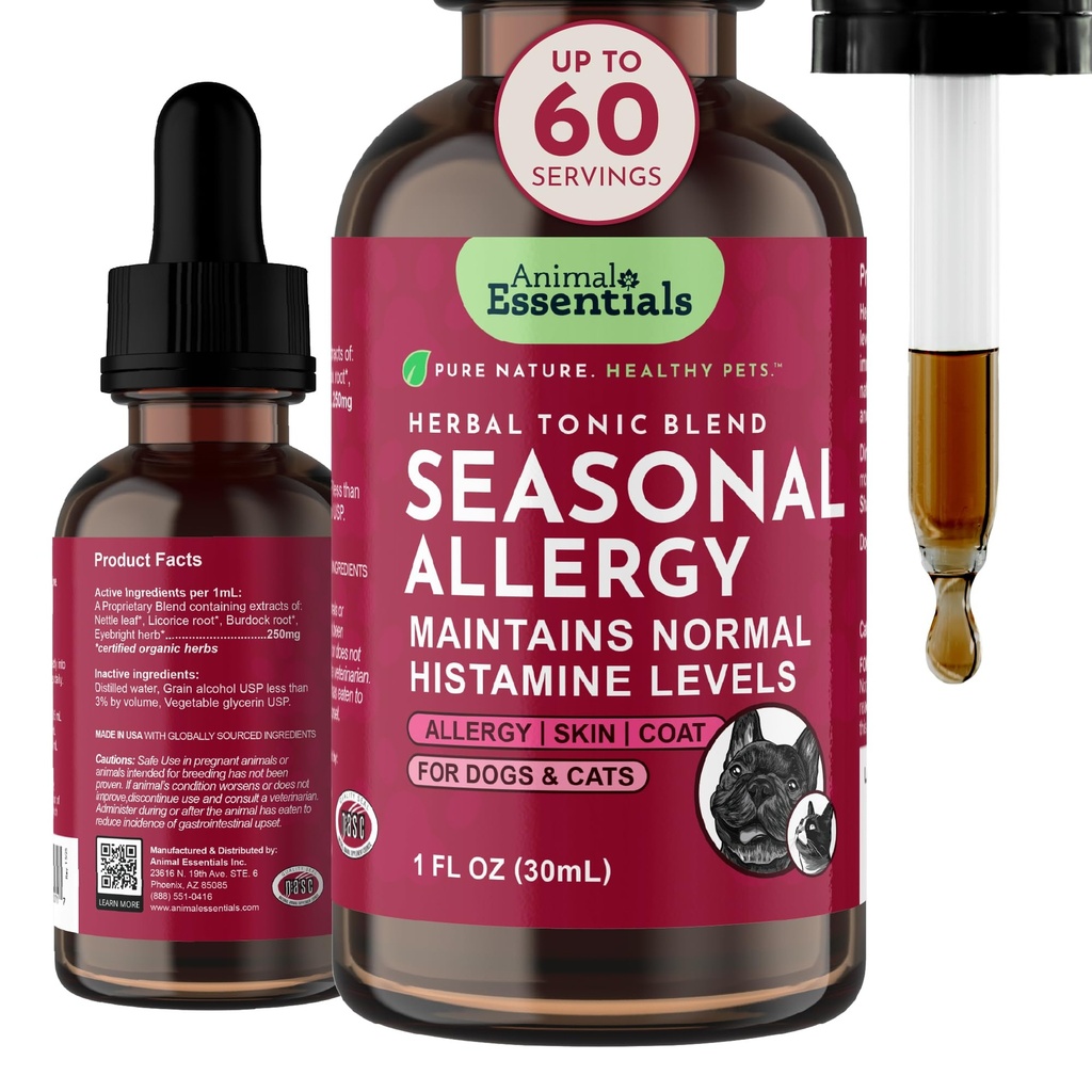 Animal Essentials Seasonal Allergy- Herbal Formel for hunde & katte til lejlighedsvis Allergi Relief, Sweet Smag, 100% Organic Human Grade urter, Veterinarian Anbefalet Animal Wellness Tonics - 1 Fl Oz
