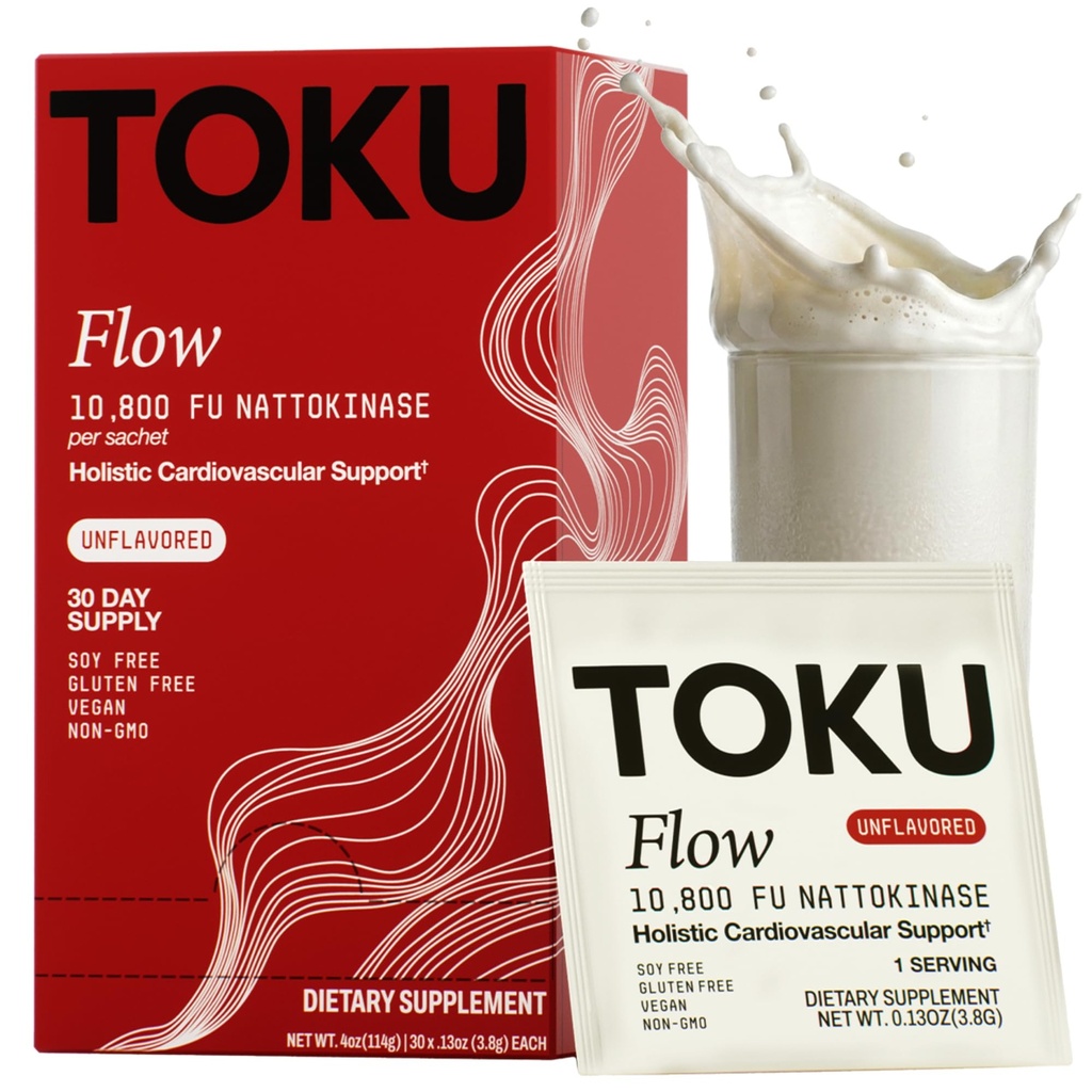 Toku Nattokinase 10,800 FU Supplement with Vitamin K2 MK7 & Oat Beta Glucan, Daily Circulation Support Powder, Plant-Based Drink Mix, Soy-Free, 30 Single-Serve Packets - Unflavored