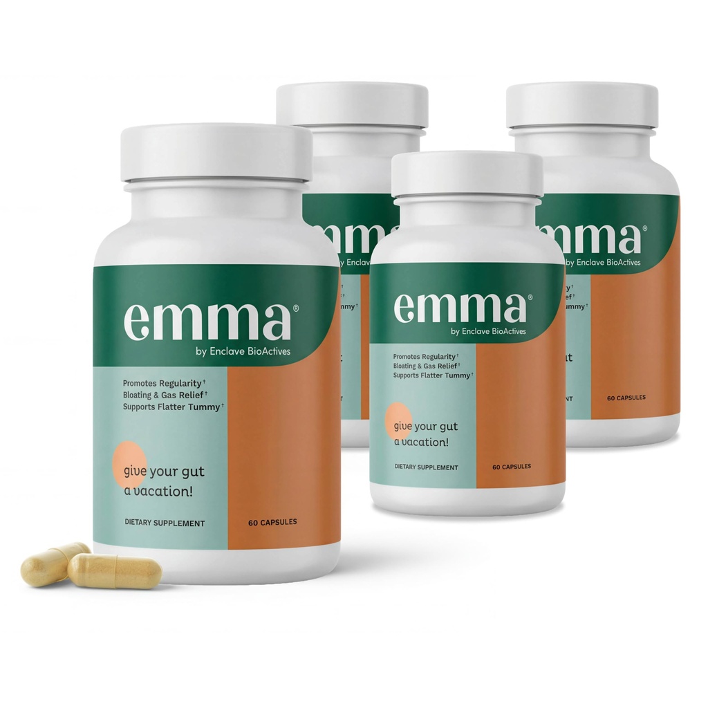 Emma Gut Health - 4 Pack - Gas og Bloating Relief, Forstoppelse, Leaky Gut Reparation - Gut Cleanse & Gendanne fordøjelse - Regulere tarmbevægelse. Probiotika og laxative Alternative, 240 kapsler