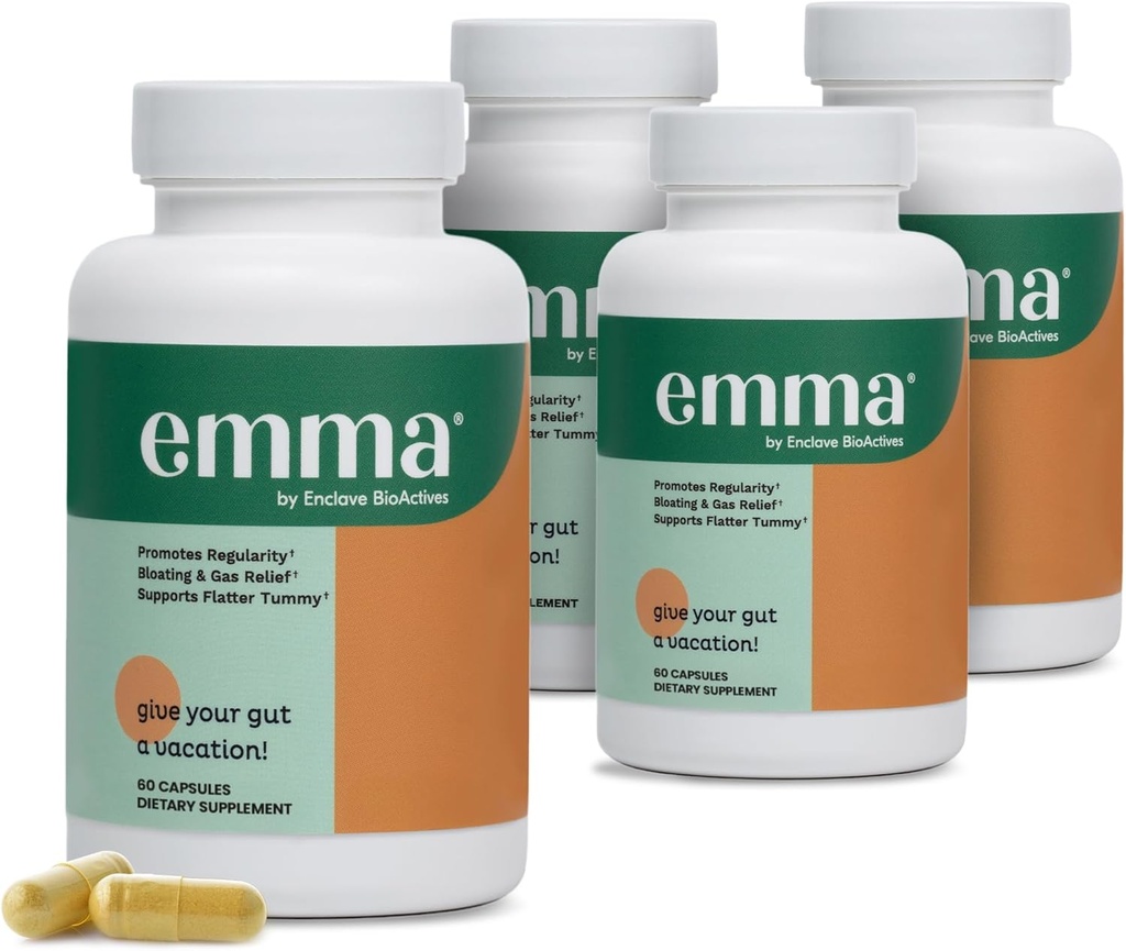 Emma Gut Health - 4 Pack - Gas og Bloating Relief, Forstoppelse, Leaky Gut Reparation - Gut Cleanse & Gendanne fordøjelse - Regulere tarmbevægelse. Probiotika og laxative Alternative, 240 kapsler