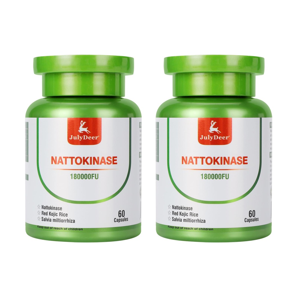 JulyDeer Nattokinase 6,000 FU Per Serving of Enzyme, Whole Bottle 180,000 FU, with Red Kojic Rice, Salvia Miltiorrhiza Extract - 120 Vegan Capsules of Nattokinase 150 mg - Gluten Free, Non-GMO