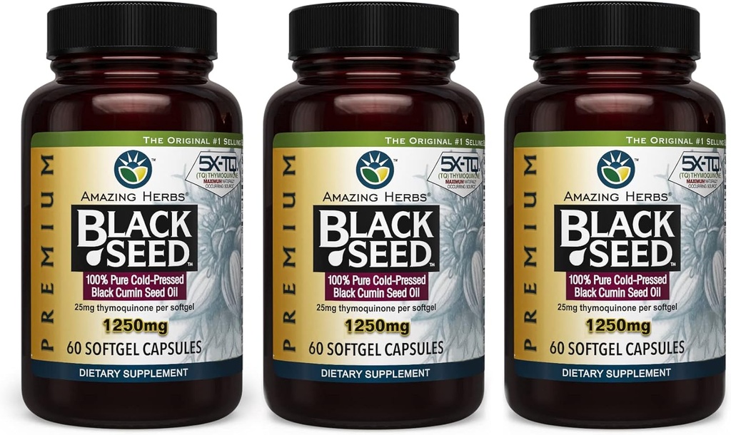 Amazing Herbs Premium Black Seed Oil Capsules - High Potency, Cold Pressed Nigella Sativa Aids in fordøjelsessygdomme, immunforsvar & hjernefunktion - 60 greve, 1250mg (Pack of 3)