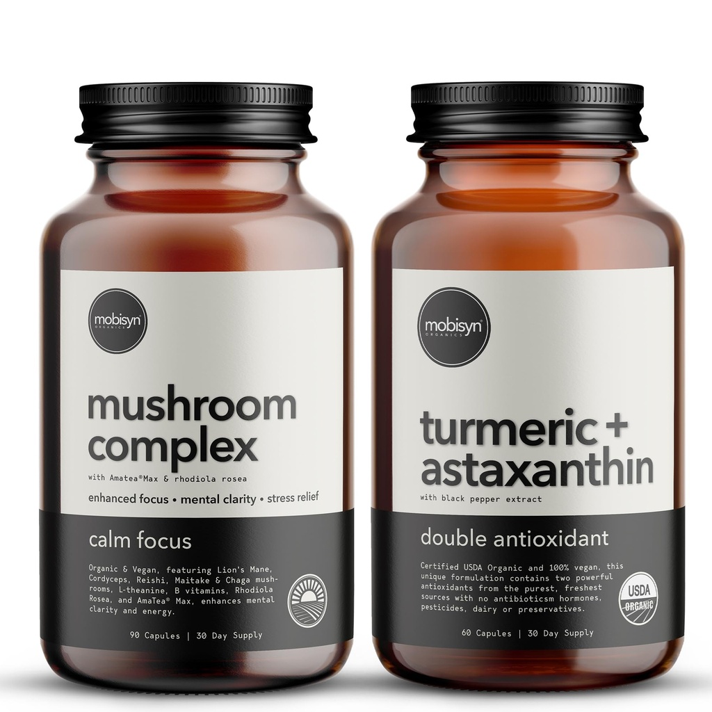 Organic Body & Mind Supplement: Astaxanthin with Turmeric Curcumin Antioxidant Powerhouse and Organic Mushroom Nootropic Adaptogen for Calming Focus