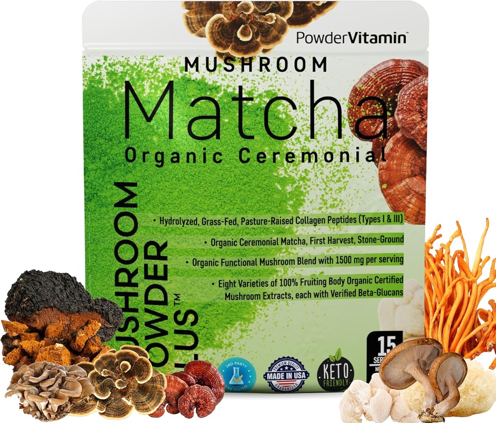 PowderVitamin Organic Mushroom Matcha Powder Certified Pesticide- Free Grass- Fed Collagen Typer I & III, 8 Fruiting Body Mushrooms Testet for Beta- Glucans Focus fordøjelse & Immunity 15 Serveringer