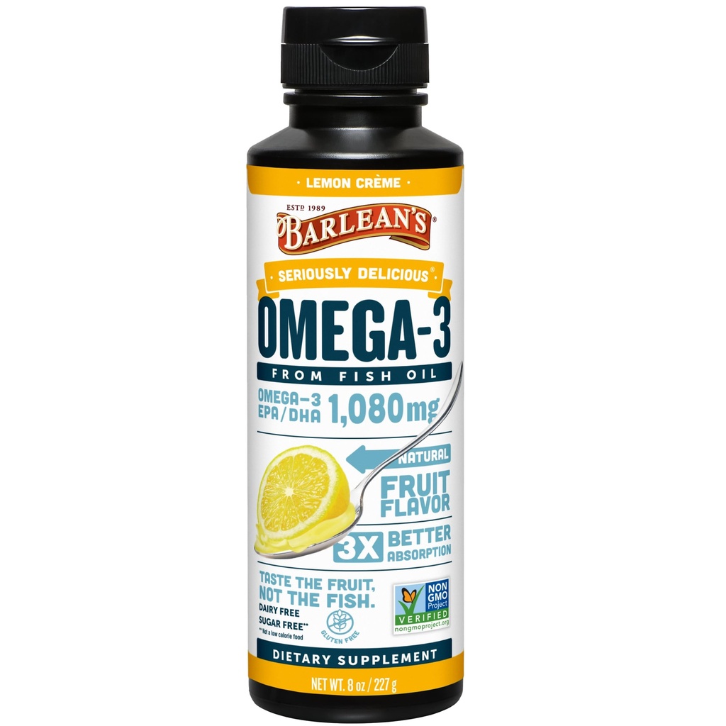 Barlean's Omega 3 Fish Oil Liquid Supplement for Men and Women, 1080mg of EPA and DHA Fatty Acid, Promotes Brain & Heart Health - Non-GMO, Lemon Crème, 8 oz